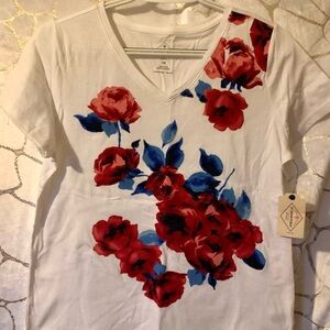 St. John's Bay White V-Neck Top with Red Floral Design